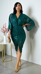 Maryla Front Twist Sequin Midi Dress - Green